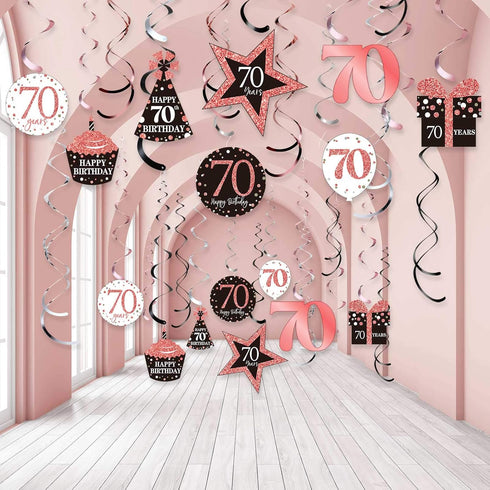 Blulu 70th Birthday Party Decorations, Birthday Rose Gold Hanging Swirls Ceiling Decorations Shiny Foil Swirls for Party Supplies 30 Count...