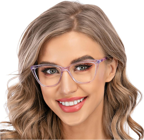 AQWANO Stylish Cat Eye Computer Reading Glasses Women Oversized Designer Blue Light Block Eyeglasses Readers Anti UV400 Eyestrain,Purple 0.0...