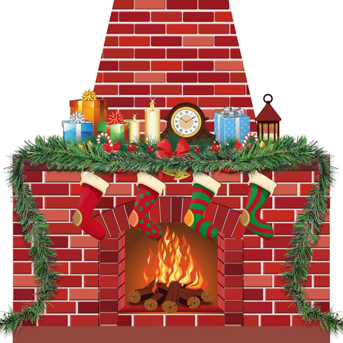 TaoBary Christmas Cardboard Fireplace 35.4 x 38.6 Inch Red Brick Bulletin Board Decoration Christmas Holiday Hearth Bulletin Board with 16.4 ft PV...
