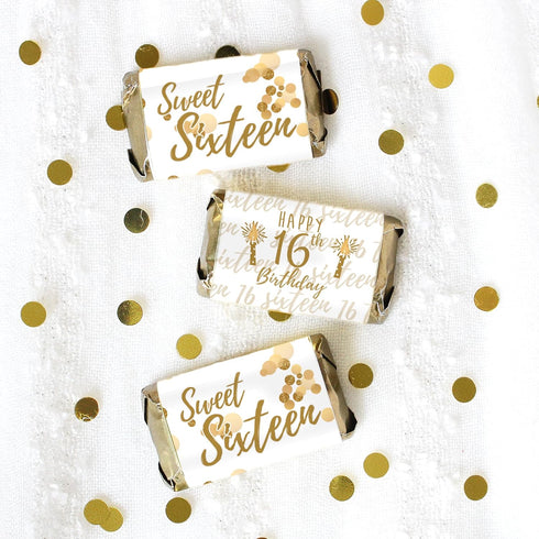 White and Gold Sweet 16 Birthday Party Mini Chocolate Candy Bar Wrappers - Sixteen 16th Party Favor Stickers - 42 Stickers...