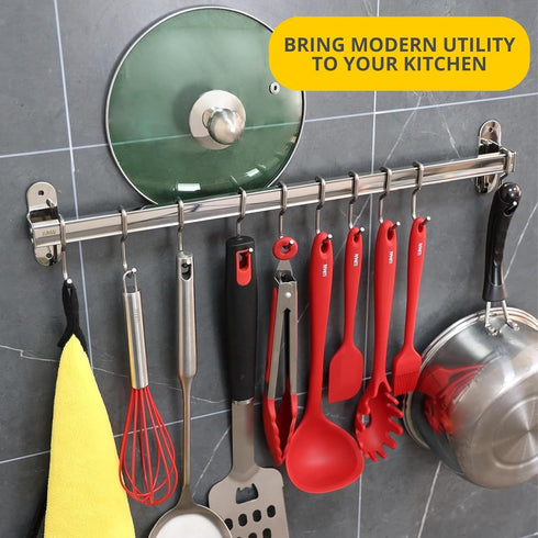 Kitchen Rail with Hooks (10 hooks): Utensil Rack, Kitchen Utensil Hanger, Pot and Pan Hanging Rack, Pot Hangers for Kitchen, Pot Rack Wall Mounted...