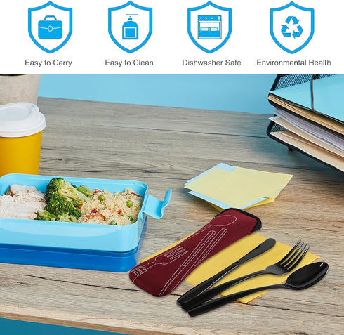 6 Pieces Travel Flatware with Case, Black Stainless Steel, Camping Fork Spoon Knife Set, R...