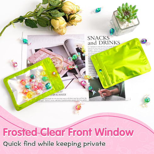 FUNFERY 100 Pack Mylar Resealable Bags Foil Packaging Bags with Clear Window,Zipper Pouch Smell Proof Bags for Food Storage,Cookies,Sample,Small B...