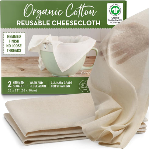 Organic Unbleached Cotton Cheesecloth for Straining - 2 Reusable Hemmed Squares, GOTS Certified, Fine Reusable Strainer – Large 23" x 23"...