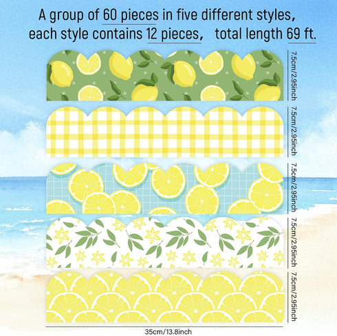 Whaline 69 Feet Summer Lemon Bulletin Board Borders Lemon Decorative Trim Border in 5 Designs Self-Adhesive Lemon Trim Blackboard Border Classroom...