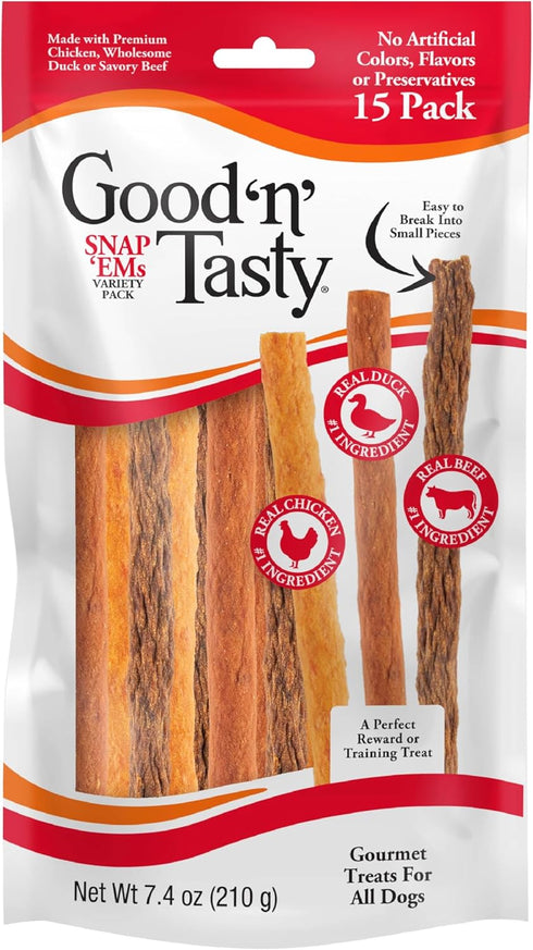 Good 'n' Tasty Triple Flavor Snap ‘Ems Gourmet Treats Variety Pack for All Dogs, 15 Count, Reward or Training Treat Made with Real Chicken, Duck a...