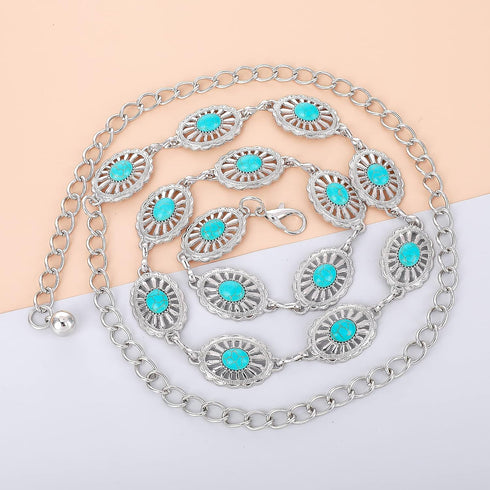 Concho Chain Waist Belts for Women, Turquoise Western Metal Belt Adjustable Cowgirl Belt with Buckle for Jeans Dresses...