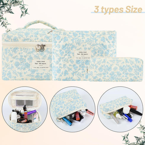 3Pcs Cotton Quilted Makeup Bag Large Travel Cosmetic Bag,Big Coquette Makeup Bag,Floral Aesthetic Toiletry Organizer Bag Zipper Pouch for Women Gi...