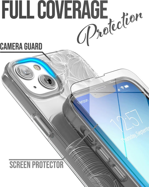 ENCASED Finger Loop Case Designed for iPhone 14 with Strap Grip and Screen Protector (Clear/White Lace Leaf)...