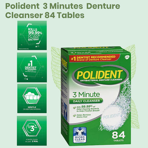 Polident 3 Minute Denture Cleaner 84 Tablets Bundle Dentu-Care Premium Denture Box with Strain and Retrieval Tab for Dental Guard, Retainer, False...