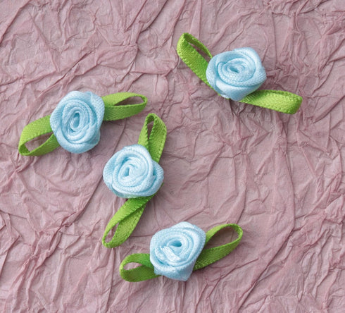 50 Pcs Satin Roses with Green Leaves Mini Cute Ribbon Bows Fabric Artificial Flower Supplies Ornament Applique for DIY Crafting Sewing Wrapping We...