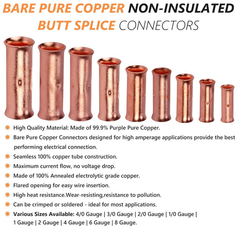 6 Gauge Butt Splice Connectors 30 PCS 6 AWG Non-Insulated Butt Connectors,Bare Pure Copper Butt Splice Wire Connector,Heavy Duty Uninsulated Crimp...