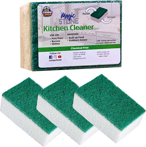 COMPAC HOME Magic-Stone Kitchen Cleaner Scrub - 2-Sided Scouring Stone, Easily Removes Stubborn Food Grime, Grease, 4 Count, White/Green...