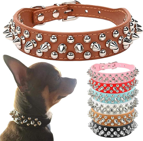 Spiked Dog Collar Brown Soft Pu Leather Funny Mushrooms Rivet Spike Studded Puppy Collar Adjustable Outdoor Pet Dog Collar for Small Medium Large ...