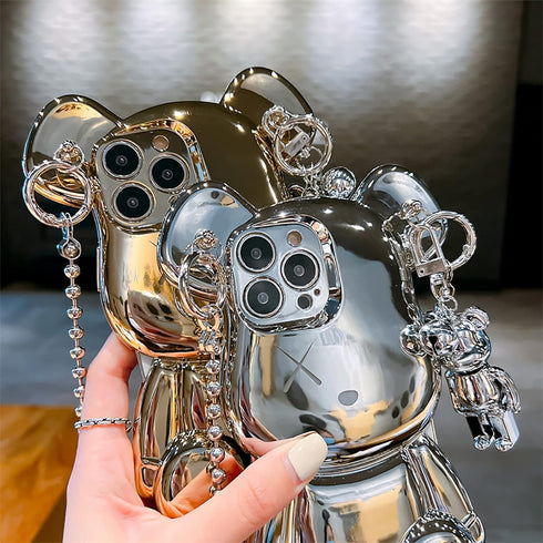 LANJINDENG Compatible with iPhone 15 Pro Case Kawaii 3D Gold Teddy Bear Luxury Design for Women Girls with Silver Metal Chain Strap Bell Pendant S...