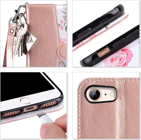 ULAK for iPhone SE 3(2022)/SE(2020)/8/7 Wallet Case with Card Holder, Premium Floral PU Leather Flip Case with Kickstand Card Slots,Wrist Strap, D...