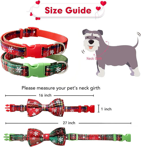 2 Pack Christmas Dog Collar with Bow Tie, Holiday Buffalo Snowflake Collar for Small Medium Large Dogs Cats Pets Puppies (Large-(16-27") Neck * 1"...