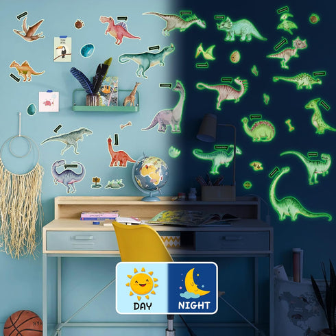 Glow in The Dark Dinosaur Wall Decals, Glowing Stickers for Ceiling, Boys Bedroom Decoration, Large Luminous Removable Dinosaur Wall Decor for Nur...