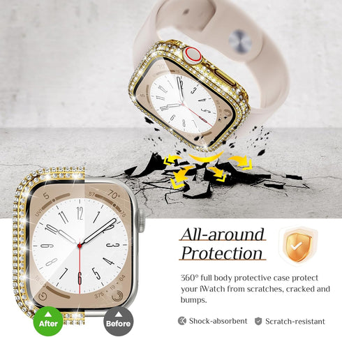 Goton 2 in 1 Waterproof Bling Case for Apple Watch 44mm Screen Protector SE (2nd Gen) Series 6 5 4, Full Glitter Diamond Rhinestone Bumper Face Co...