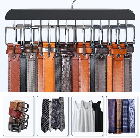 Belt Hanger for Closet Max 42 Belts, Sturdy Wood Belt Rack Closet Accessories with 14 Hooks Belt Organizer for Closet Organizers and Storage -Blac...