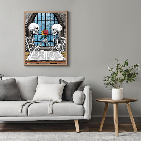 Posterizer 1 pcs-romantic skeletons sharing a flower and reading books 4-Gothic Art-Romantic Art-Living Room Bedroom Decor- unframed wall art...