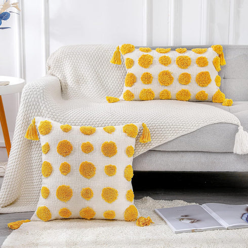 PANOD Super Soft Farmhouse Decorative Plush Throw Pillow Covers 12 x 20 Yellow,Solid Pom pom Tufted with Tassels Modern Accent Boho Lumbar Cushion...