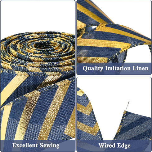 1.5 Inch Wedding Ribbon Wired Burlap Stripes Ribbon for Wreath Stripes Dots for Christmas Anniversary Bachelor Party Decor Craft, 3 Rolls (Blue an...