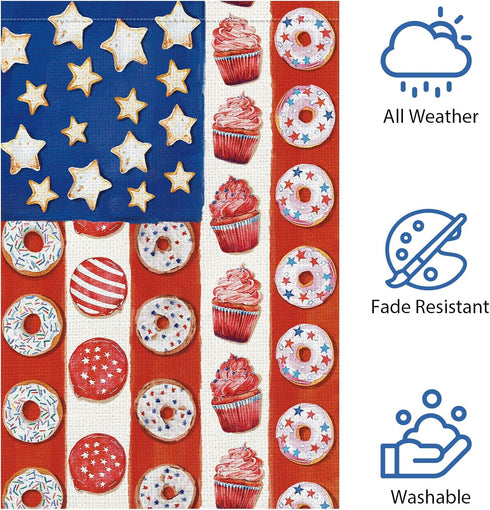 4th of July Patriotic Garden Flag Memorial Day Donuts Garden Flags 12x18 Inch Double Sided Burlap Summer Ice Cream House FLags for Independence Da...