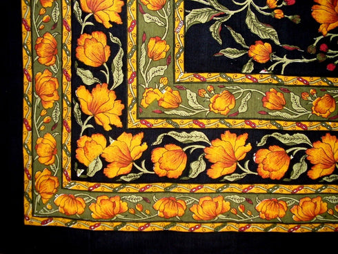 India Arts French Floral Square Cotton Tablecloth 60" x 60" Amber on Black...