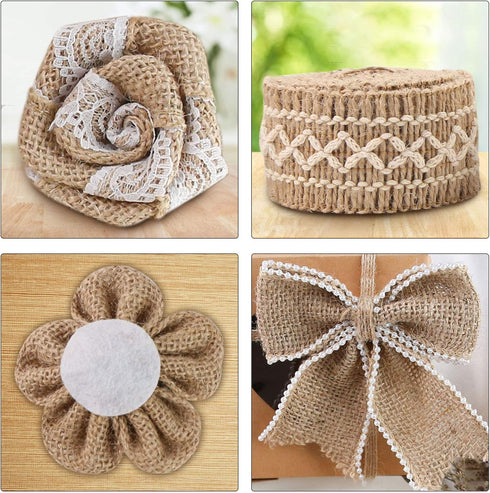 VGOODALL 16 PCS Natural Burlap Flowers Set, Including 12 PCS Handmade Lace Burlap Flowers and Bowknots, 4 Rolls Burlap Ribbon for Christmas Birthd...