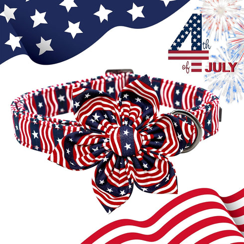 Lionheart glory American Flag Dog Collar, 4 of July Dog Flower Collar Heavy Duty Adjustable Patriotic Dog Collar with Flower for Small Dogs Pet Gi...