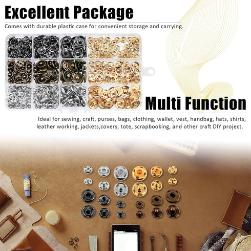 Mardatt 180 Sets 9mm 12mm 15mm Sew-on Snap Buttons Metal Snap Fastener Hidden Press Button with Storage Case for Sewing Clothing Bags DIY Craft (S...