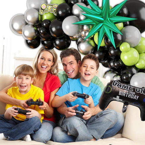 Video Game Balloon Arch, Green Black Balloon Arch Garland, Light Lime Green Black Grey Latex Balloons Star Gamepad Foil Balloon Helium for Boys Me...