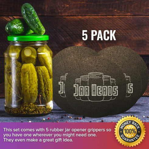 JAR HEADS Rubber Jar Opener Gripper Pad 5 Pack - Thick 5 Inch Grippers for Opening Jars Made in the USA - Jar Opener for Weak Hands & Seniors with...
