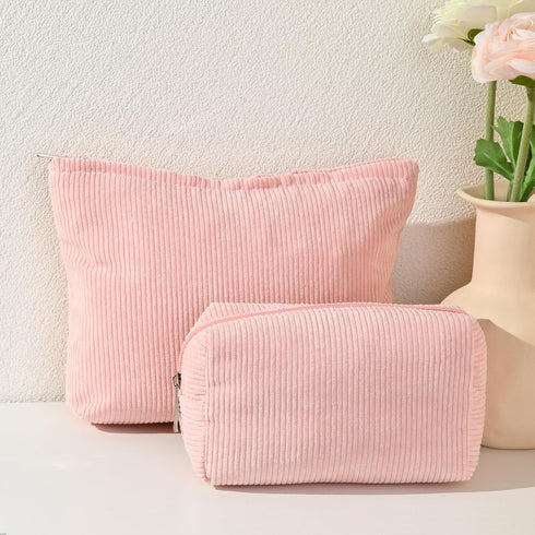 2 Pieces Corduroy Pink Makeup Bag Large Corduroy Cosmetic Bag Capacity Canvas Travel Toiletry Bag Organizer Cute Makeup Brushes Aesthetic Accessor...