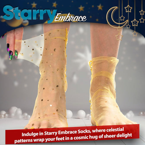 Marigold Yellow Radiance: Women Sheer Slouch Tulle Socks | Shiny Glitter Novelty Decorated Loose Socks with Stars & Moon - Ankle High 1 Pair (US s...