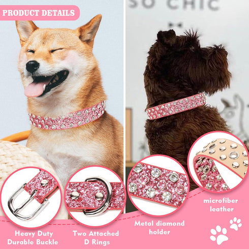 Rhinestone Leather Dog Collar Bling Dog Collars for Small Medium Large Dogs - Soft Microfiber Leather with Adjustable Stylish Sparkly Diamonds Stu...