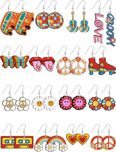 16 Pairs Groovy Hippie Acrylic Earrings Retro Boho Earrings Set for Women Rainbow Daisy Butterfly Flower Vacation Earrings Women's Drop and Dangle...