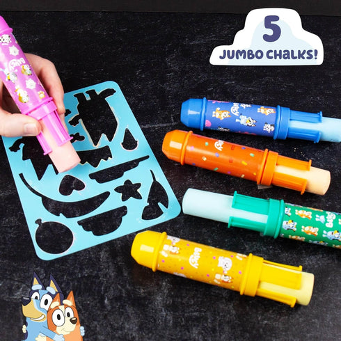 Official Bluey Chalk Art, 5-Pack, Vibrant Sidewalk Chalk For Kids, Includes 5 Chalks, Chalk Holders & Reusable Stencil, Outside Toys for Toddlers ...