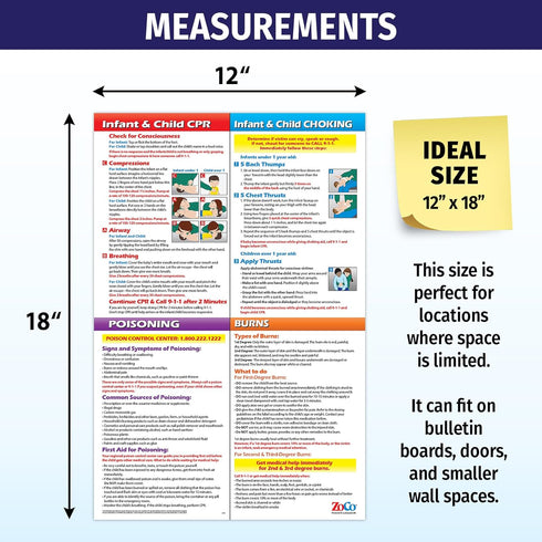 ZOCO – Infant & Child First Aid Poster – Home Daycare Essentials – Laminated 12x18 – CPR, Choking, Poison & Burn Chart – Emergency Safety Sign for...