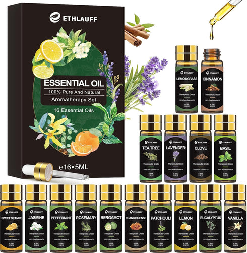 Essential Oils Set - 16x5ml Essential Oil for Diffusers for Home, Humidifier, Aromatherapy, Massage, Soap, Candle Making (0.17oz)...
