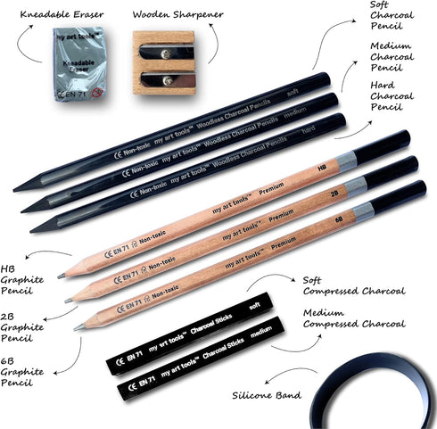 Sketch pencils for drawing and shading - 20pcs art sets with sketching pencils and erasers for all professional artists - dual pack charcoal and g...