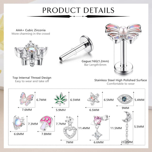 Sanfenly Tragus Stud Earrings 16G Stainless Steel Cute Butterfly Flower Moon Heart Dangle Cartilage Conch Helix Tragus Piercing Jewelry Set...