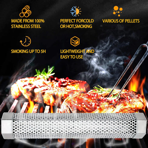 2 Pack Smoke Tube for Pellet Smoker,Pellet Smoker Tube 12in Stainless Steel BBQ Smoke Tube for Hot or Cold Smoking 5 Hours of Billowingsmoke,Smoke...