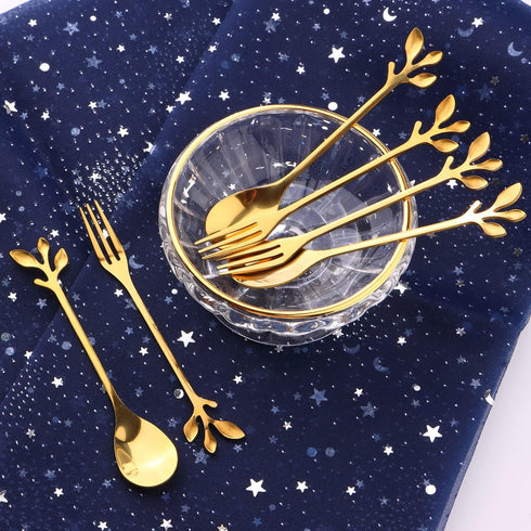 12pcs Stainless Steel Gold Leaf Coffee Spoon and Cake Fruit Forks Kitchen Accessory Wedding Party for Dessert, Salad, Appetizer, Spoon and Fork Se...