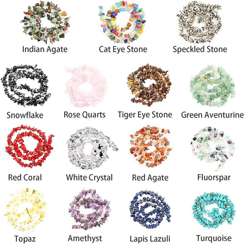 Natural Chip Stones for Bracelet - 400pcs 5mm to 8mm Gemstones Healing Loose Rocks Bead Hole Drilled DIY with 30pcs Silver Charms for Bracelet Nec...