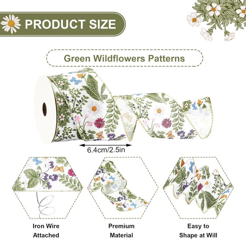Green Wildflower Wired Edge Ribbon Wild Floral Craft Ribbon Retro Fabric Ribbon for Spring Wreath Bow Making DIY Crafts Wrapping Party Decor Suppl...