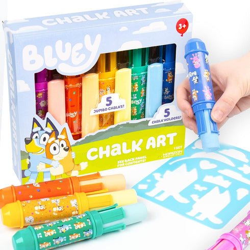 Official Bluey Chalk Art, 5-Pack, Vibrant Sidewalk Chalk For Kids, Includes 5 Chalks, Chalk Holders & Reusable Stencil, Outside Toys for Toddlers ...