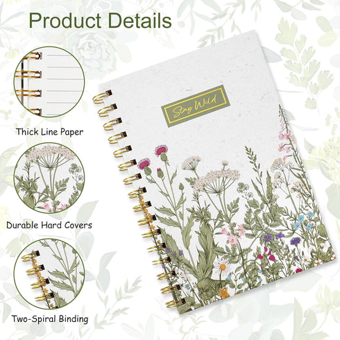 Vintage Wildflower Spiral Journal Notebook 80 Sheets A5 Retro Floral Flower College Ruled Notebook Strong Twin-Wire Binding with Premium Paper for...