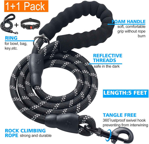 Heavy Duty Dog Leash - Comfortable Padded Handle, 5 ft Long - Dog Leashes for Small Medium Large Dogs (Leash+Collar M Neck 16"-20", Black)...